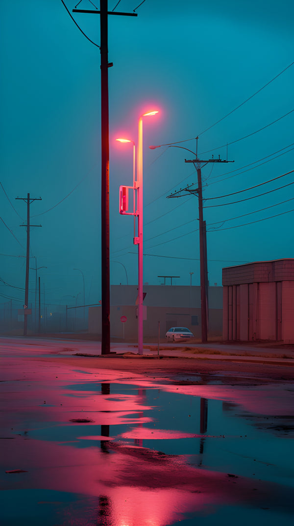 Vinyl Decal, Aesthetic Urban Night Scene Featuring Modern Pink Street Light & Wet Pavement Reflectio