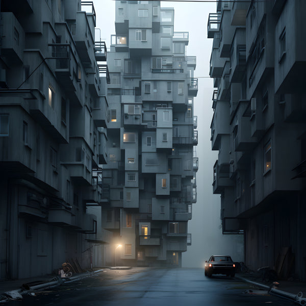 Vinyl Decal, Cityscape with Modular Buildings and Foggy Alleyway (5" x 7")