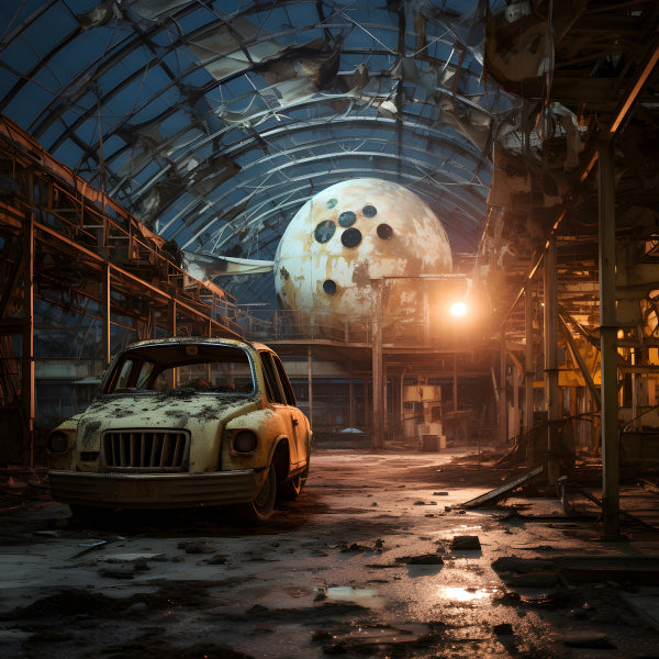 Vinyl Decal, Post Apocalyptic Abandoned Industrial Warehouse Rusty Car Large Sphere Mysterious Artwo