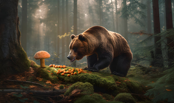 Vinyl Decal Majestic brown bear foraging for natural forest treats in a sunlit, mossy wilderness (5"
