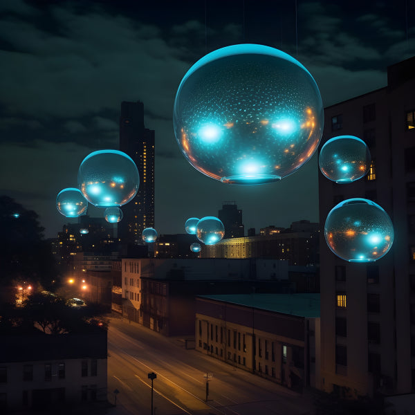 Vinyl Decal, Cosmic Orbs Floating Above City Street at Night (5" x 7")