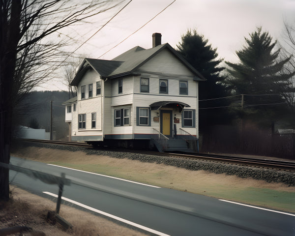 Vinyl Decal, White Two-Story House Built Directly on a Set of Active Train Tracks (5" x 7")