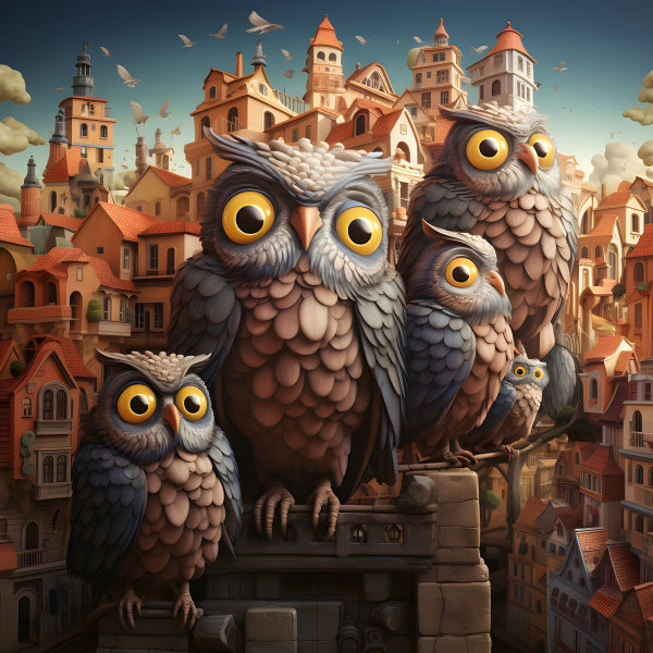 Vinyl Decal, Whimsical Owl Family in Fantasy Town Art Print (5" x 7")