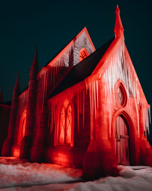 Vinyl Decal, Red Illuminated Gothic Church with Icicles and Snow at Night (5" x 7")