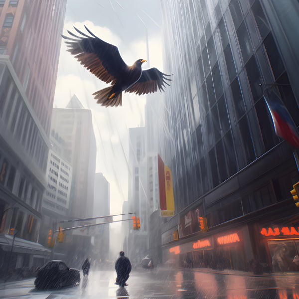Vinyl Decal, Majestic Eagle Soaring Over Urban Cityscape in Rain (5" x 7")