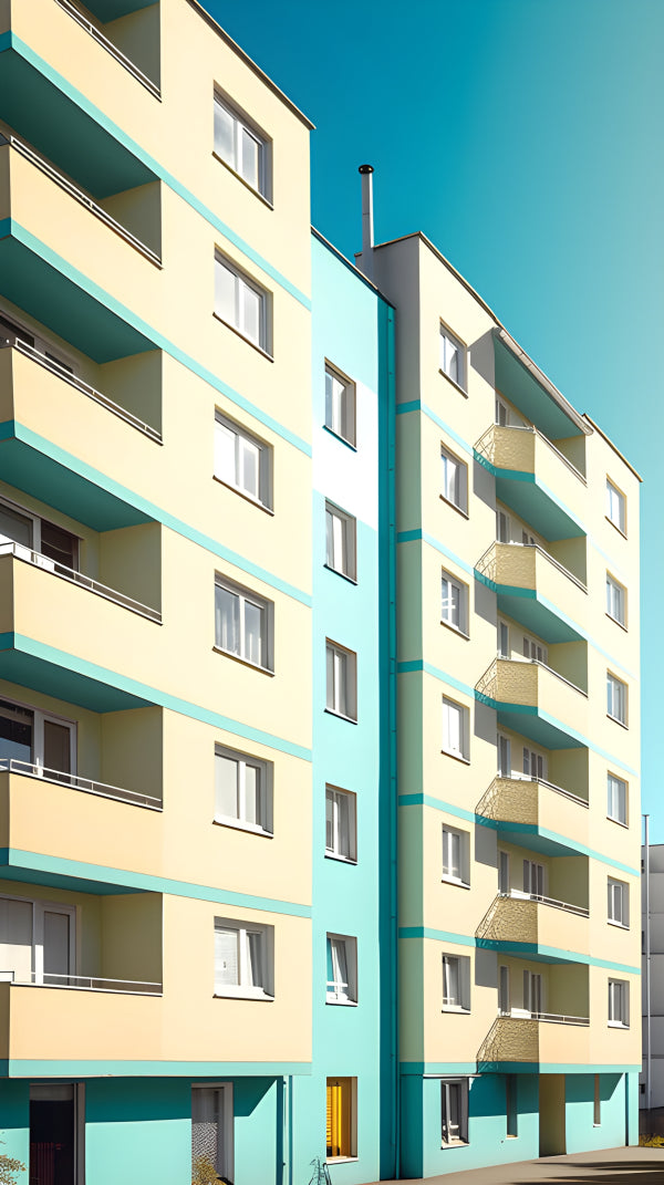 Vinyl Decal, Modern Apartment Building Architecture Print Teal Blue & Cream Yellow Wall Art Photogra