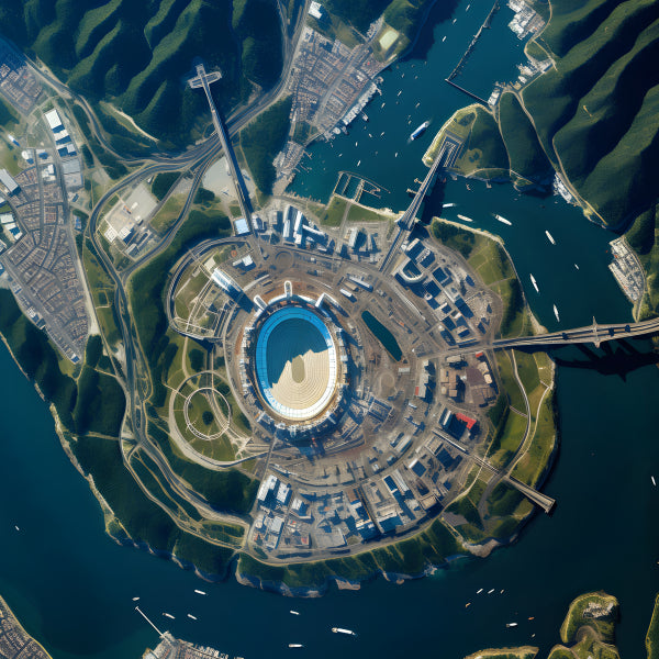 Vinyl Decal, Aerial View of Modern Coastal City Stadium Complex with Surrounding Water and Hills (5"