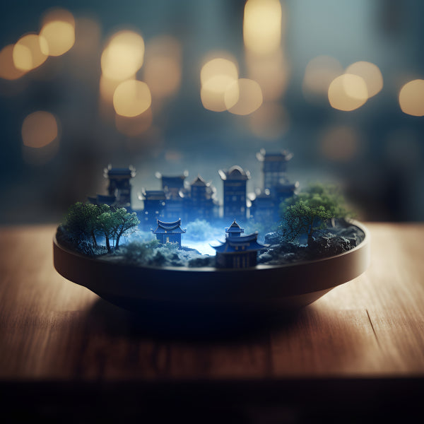 Vinyl Decal, Miniature East Asian Village LED Lighted Tabletop Decor Zen Garden (5" x 7")
