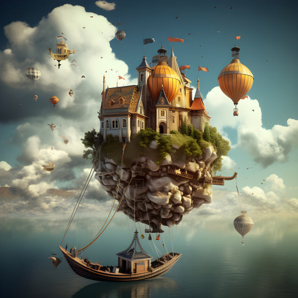 Vinyl Decal, Whimsical Floating Castle Island with Hot Air Balloons and Sky-Sailing Ship in a Cloudy