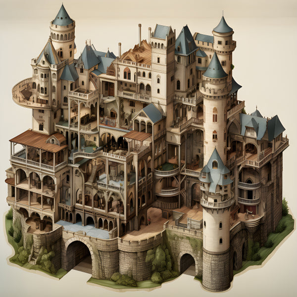 Vinyl Decal, Castle Cutaway Model Icon 3D Rendering Detailed Architectural Building Structure (5" x 