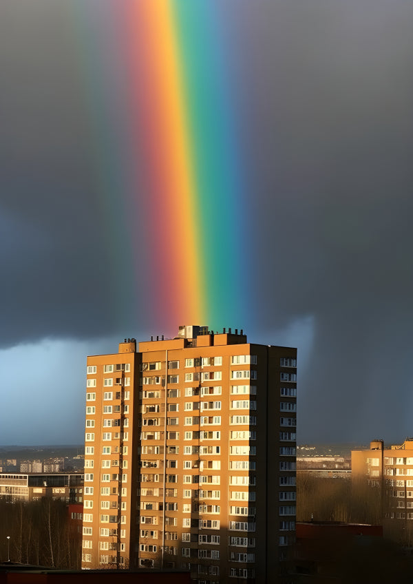 Vinyl Decal, Vibrant Rainbow Arching Over High-Rise City Apartment Building with Dramatic Dark Storm