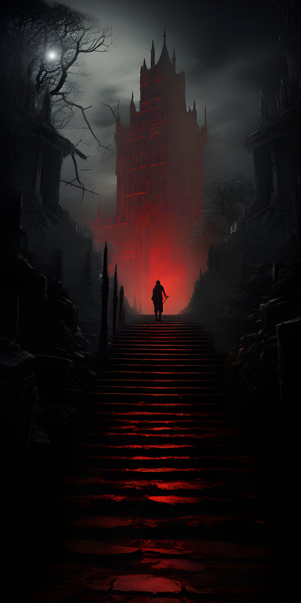 Vinyl Decal, Dark Gothic Castle Artwork with Figure on Stairs Spooky Fantasy Wall Art Print (5" x 7"