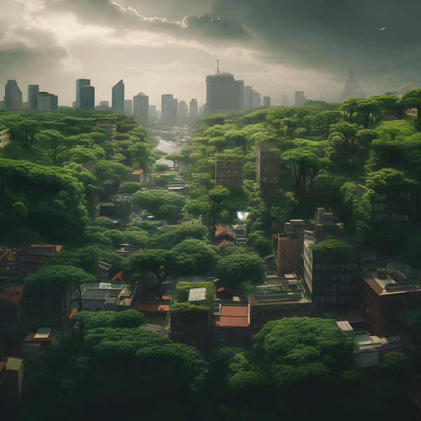 Vinyl Decal, Lush Green Cityscape Wall Art Poster, Futuristic Urban Jungle Nature Canvas Print, 5 x 