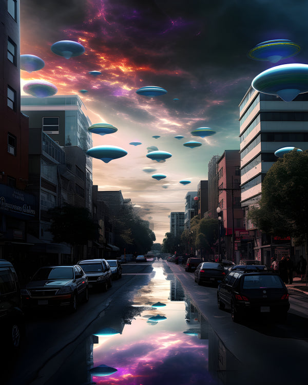 Vinyl Decal, Alien Invasion Cityscape Wall Art Poster - Dramatic Sci-Fi UFO Sky - Modern Urban Decor