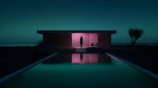 Vinyl Decal, Minimalist Modern House Pink Teal Aesthetic Night Reflection Art Print, 5 x 7 or 8 x 10
