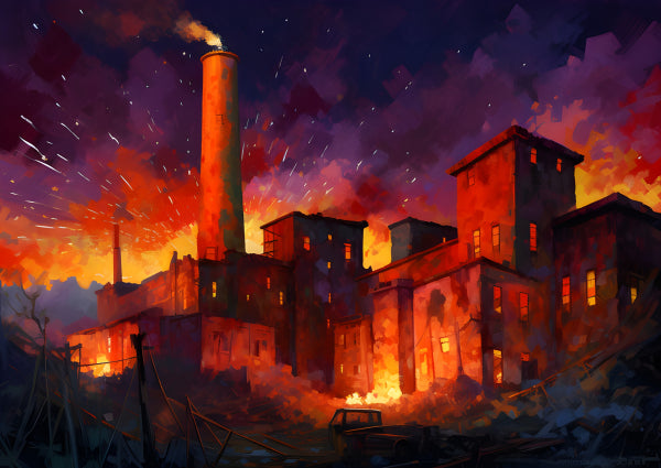 Vinyl Decal, Night Factory Fire Wall Art: Intense Urban Industrial Scene Poster, 5 x 7 or 8 x 10 Inc