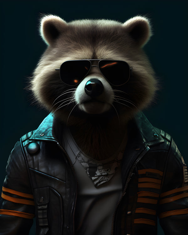 Vinyl Decal Stylish Raccoon Wearing Biker Black Leather Jacket and Aviator Sunglasses Unique Animal 