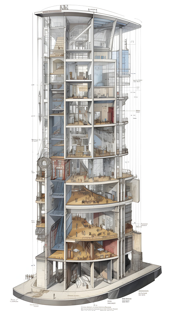 Vinyl Decal, Architectural Skyscraper Cutaway Diagram Wall Art Poster, 5 x 7 or 8 x 10 Inch Unframed