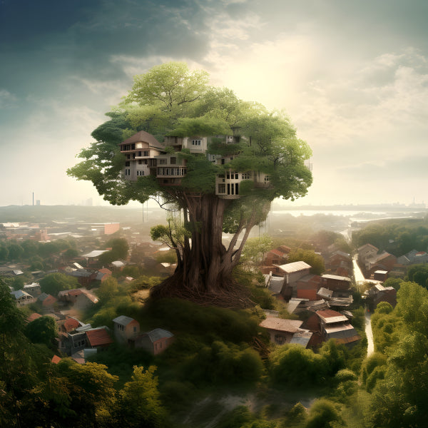 Vinyl Decal, Surreal Giant Treehouse City View Wall Art Poster Fantasy Nature Architecture Home Deco