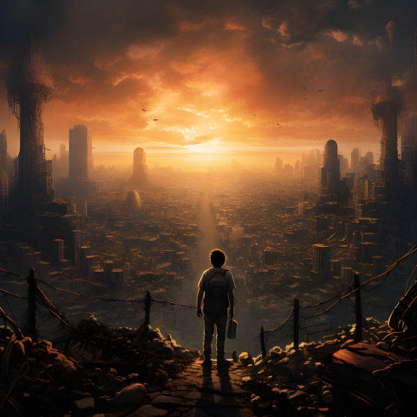 Vinyl Decal, Man Looking at Ruined City Horizon Premium HD Digital Art, 5 x 7 or 8 x 10 Inch Unframe