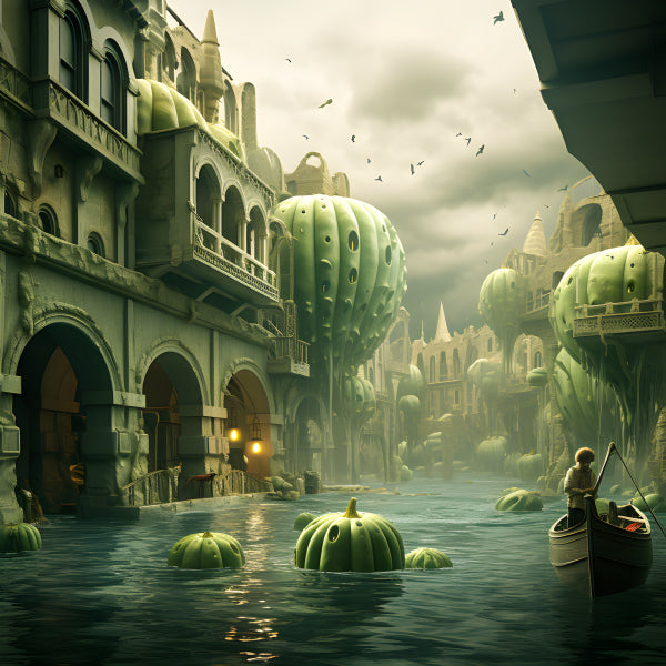 Vinyl Decal, Surreal Fantasy Cityscape Wall Art Poster; Green Pumpkin Canal Waters Artwork, 5 x 7 or