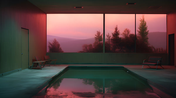 Vinyl Decal, Vibrant Pink Sunset Indoor Pool Wall Art Poster, Serene Mountain Landscape View Home De