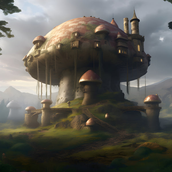 Vinyl Decal, Enchanted Mushroom Castle Fantasy Forest Wall Art Poster, 5 x 7 or 8 x 10 Inch Unframed