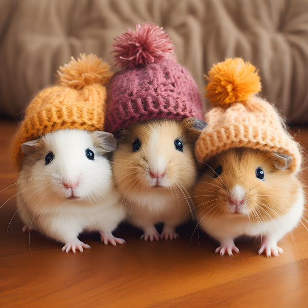 Vinyl Decal Adorable Short Haired Guinea Pigs Wearing Colorful Knitted Winter Hats with Pom-Poms, Cu