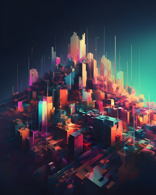 Vinyl Decal, Futuristic Cityscape Art Print, Vibrant Modern Wall Decor, Colorful Urban Landscape Pos