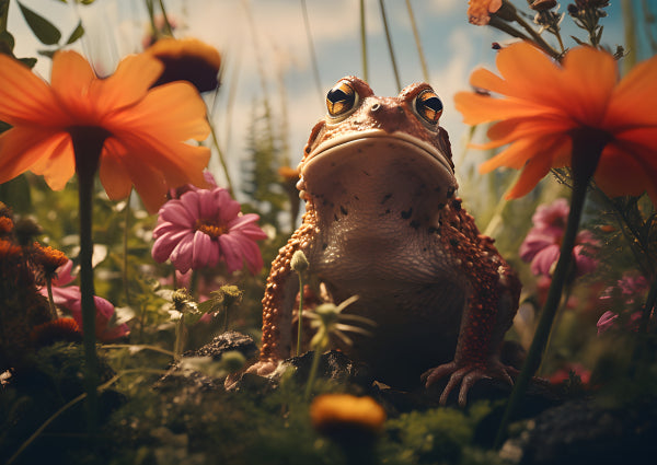 Vinyl Decal Brown Toad Sitting Among Orange and Pink Flowers in a Grassy Garden Setting (5" x 7")