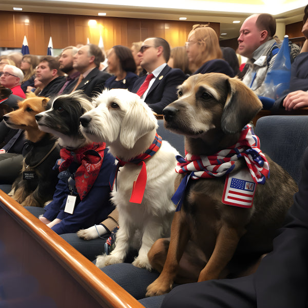 Vinyl Decal Dogs in patriotic scarves attend a formal assembly or legislative session, sitting in th