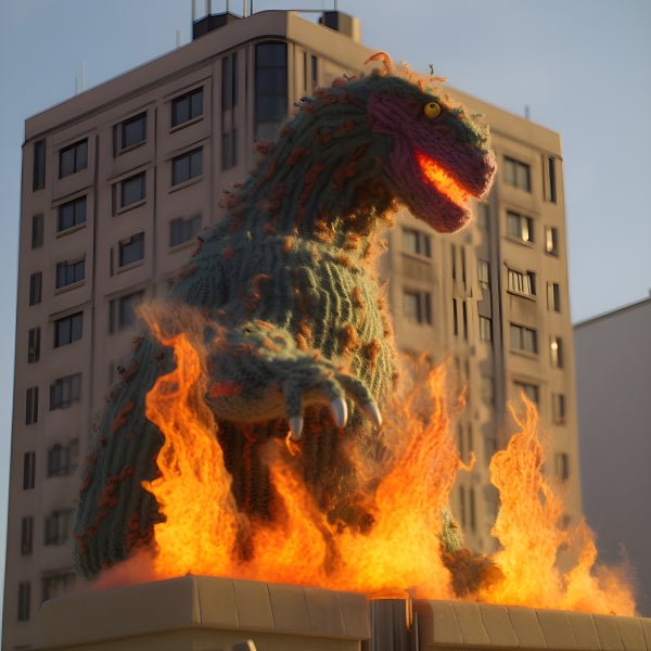 Vinyl Decal Knitted Dinosaur Monster with Fire on City Building, Unique Woolen Kaiju Figure Art (5" 