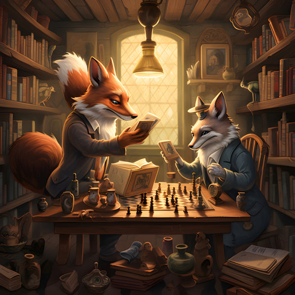 Vinyl Decal Two Anthropomorphic Foxes in a Cozy Library Study, Engaged in a Game of Chess and Readin