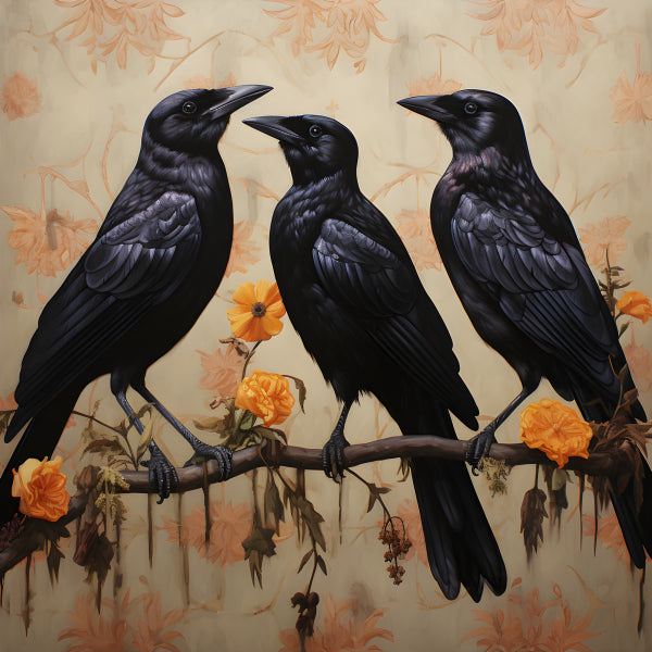 Vinyl Decal, Three Black Crows on Branch Vintage Floral Background Wall Art Poster Print, 5 x 7 or 8