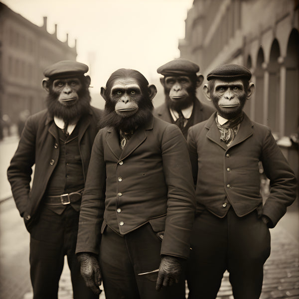 Vinyl Decal Vintage Style Four Chimpanzees in Suits and Caps Black and White Portrait Print (5" x 7"