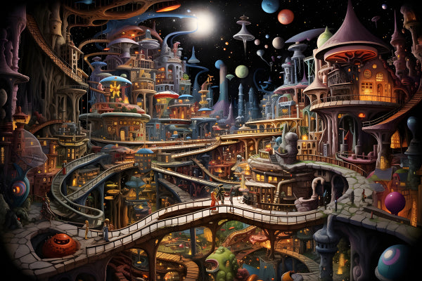 Vinyl Decal, Surreal Fantasy Cityscape Imaginary Staircase World Poster, 5 x 7 or 8 x 10 Inch Unfram
