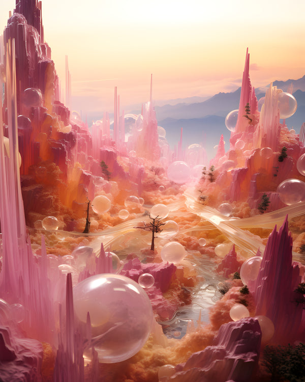 Vinyl Decal, Surreal Pastel Fantasy Landscape Wall Art Poster Pink Dreamy Sci-Fi World Bubbles, 5 x 
