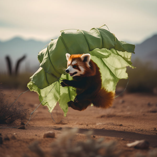 Vinyl Decal Cute Red Panda Parachuting with Green Leaf, Adorable Animal Art Print, Unique Home Decor
