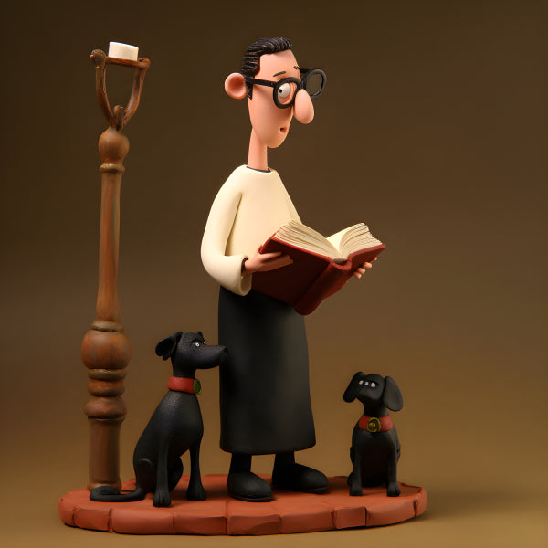 Vinyl Decal, Charming Claymation Style Man And His Canine Companions Poster, 5 x 7 or 8 x 10 Inch Un