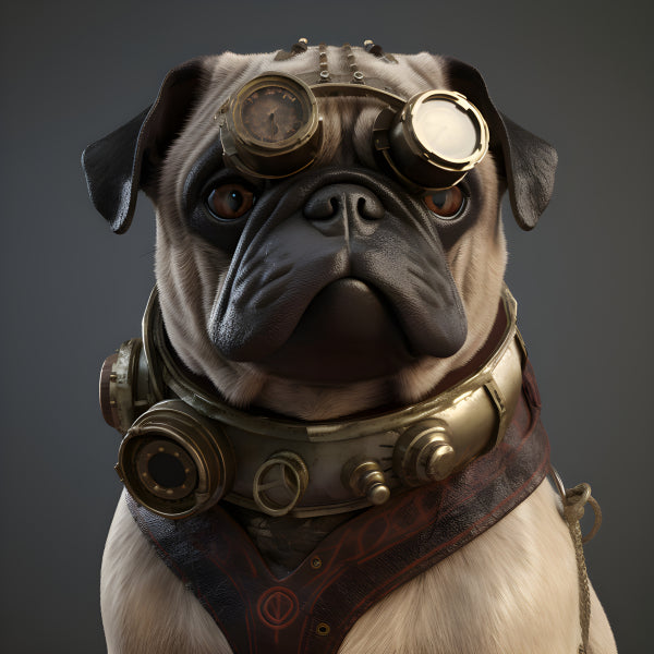 Vinyl Decal Steampunk Pug Dog Portrait, Vintage Industrial Style Pet Art Print, Unique Animal Lover 