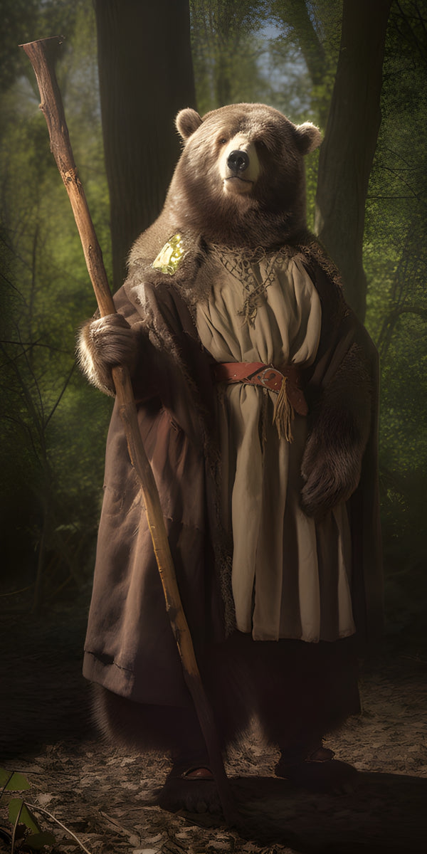 Vinyl Decal Fantasy portrait of a grizzled bear shaman in a sun-dappled forest, wearing a brown robe