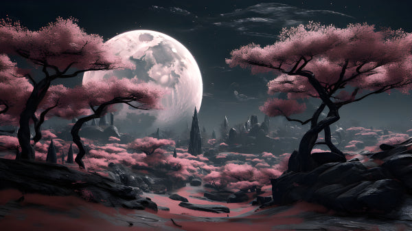Vinyl Decal, Romantic Night Scene Cherry Blossom Full Moon Fantasy Landscape Wall Art Print, 5 x 7 o