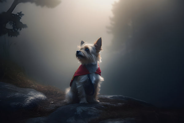 Vinyl Decal Small Fluffy Dog in Red Vest Sitting on Rock in Foggy Forest Landscape Print Home Decor 