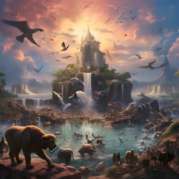 Vinyl Decal, Fantasy Oasis Castle Prehistoric Animals Vibrant Sky Wall Art Poster, 5 x 7 or 8 x 10 I