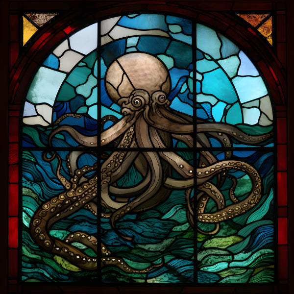 Vinyl Decal, Oceanic Octopus Stained Glass Art Print Vibrant Marine Life Wall Decor, 5 x 7 or 8 x 10