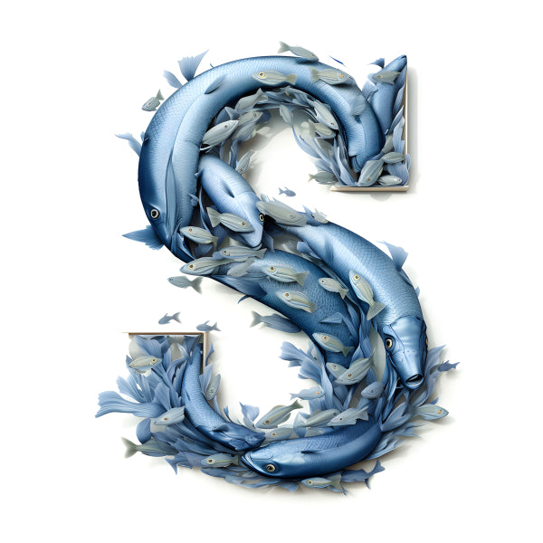 Vinyl Decal, Oceanic Letter S Wall Art Poster; Artistic Fish Alphabet Print for Home Decor, 5 x 7 or