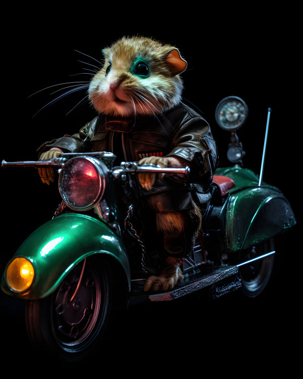 Vinyl Decal Cool Hamster Biker in Leather Jacket Riding Green Vintage Motorcycle Art Print Wall Deco