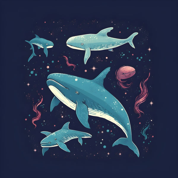 Vinyl Decal, Cosmic Ocean Whales Wall Art Poster Starry Night Marine Life Illustration Print, 5 x 7 