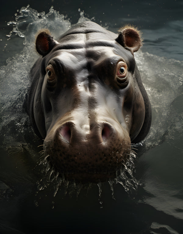 Vinyl Decal Closeup of a Hippopotamus Emerging from Water with Dramatic Lighting (5" x 7")