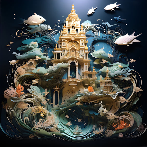 Vinyl Decal, Japanese Art Style Ocean Temple Fish Wall Art Poster Paper Quilling Inspired Serene Pri
